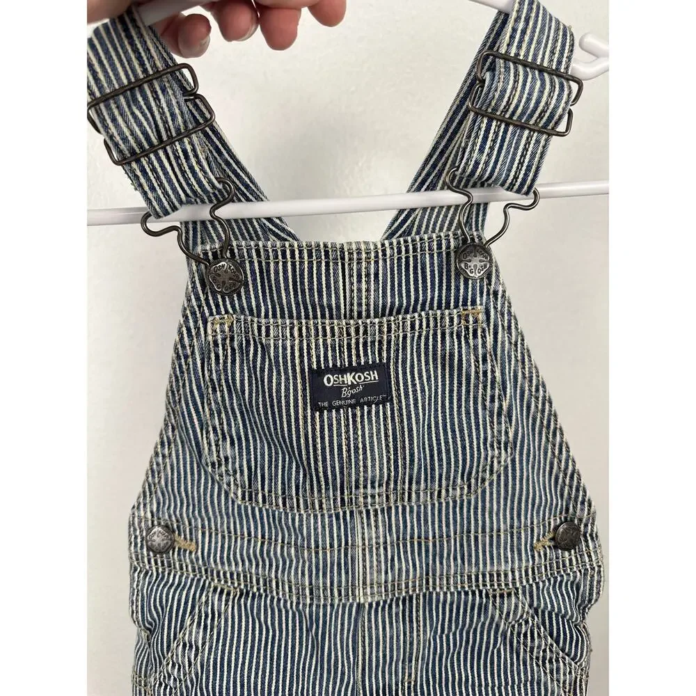 OshKosh B'gosh boy's blue and white striped denim railroad engineer overalls 2T
